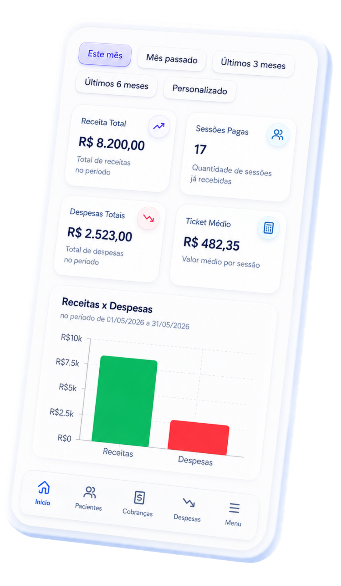 Tela do app Psiclo mostrando receita total, sessões pagas, despesas e gráfico de receitas x despesas